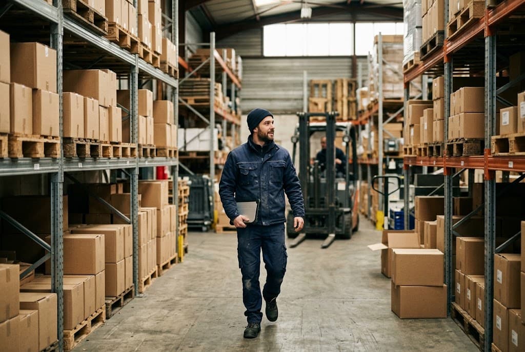 The manager of a small wholesale business walks between the shelves of his warehouse, a tablet in hand.