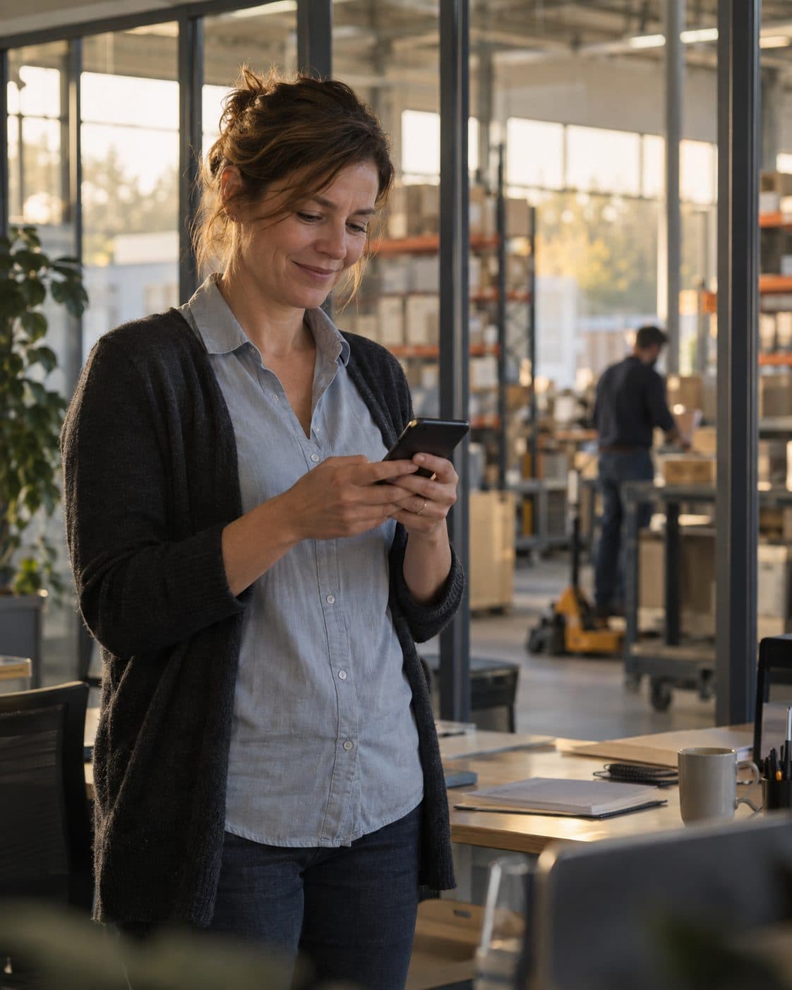A small business owner reads a message on her phone in her office overlooking the warehouse.