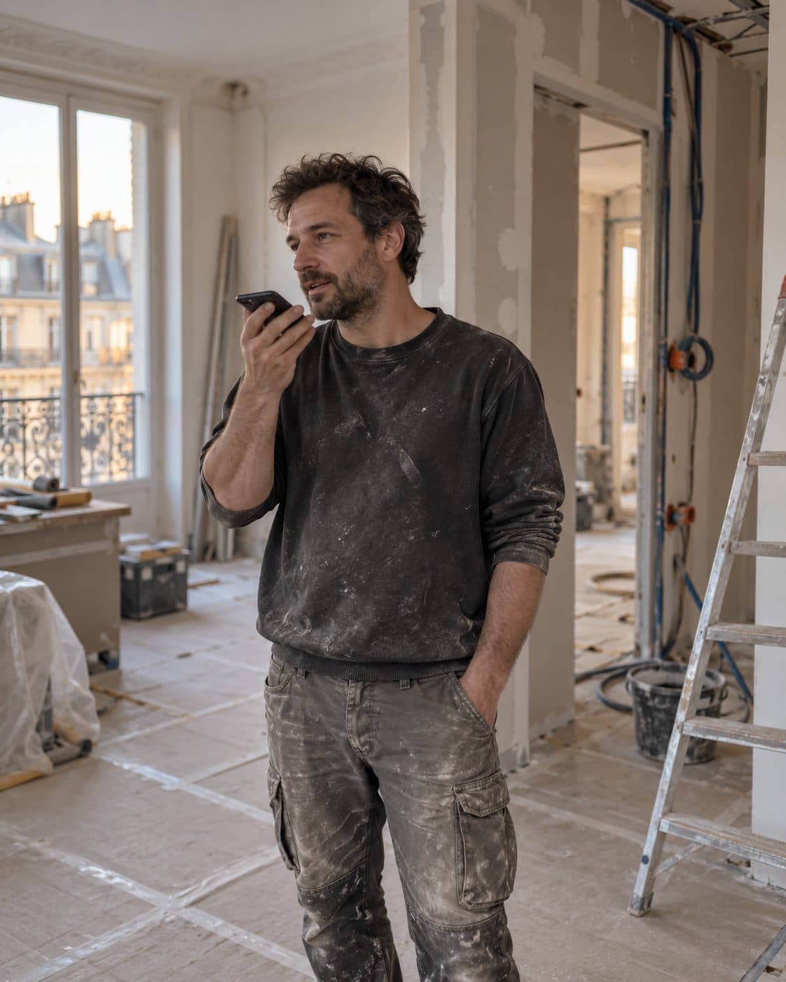 A foreman records a voice note on a renovation site.